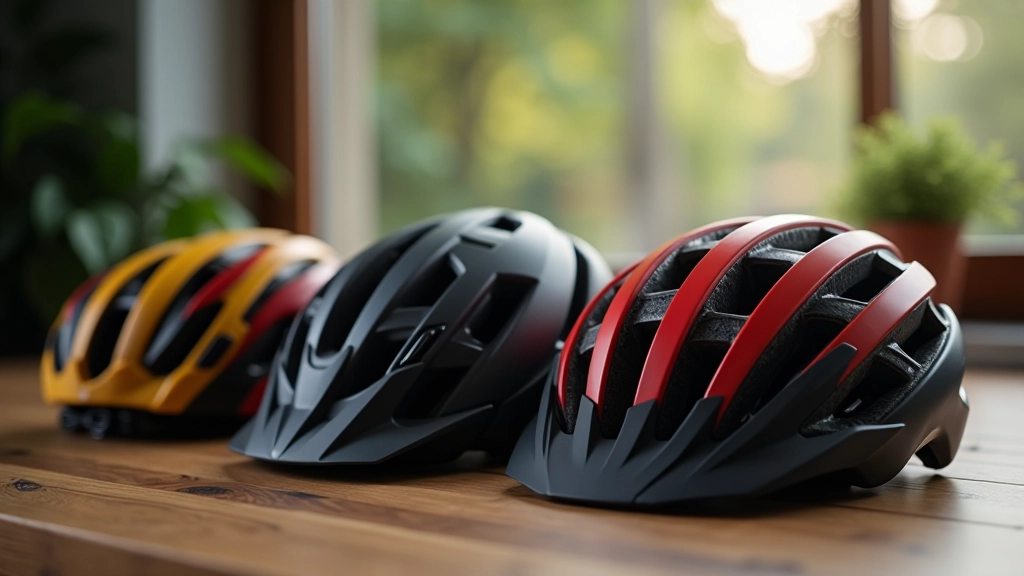 Dažādu stilu un krāsu velosipēda ķiveres, kas izvietotas uz koka stoles, naturālā gaismā